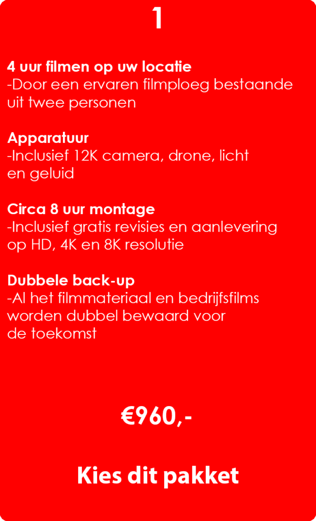 Een zeer betaalbare bedrijfsfilm voor elke organisatie. Uw bedrijfsvideo wordt door professionals op hoge kwaliteit gefilmd en gemonteerd.